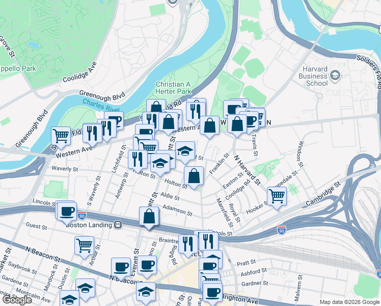 map of restaurants, bars, coffee shops, grocery stores, and more near 17 Raymond Street in Boston