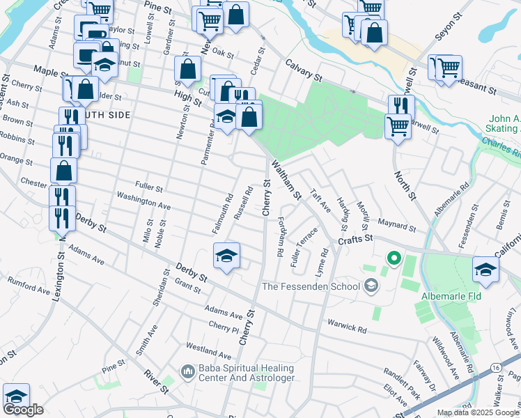 map of restaurants, bars, coffee shops, grocery stores, and more near 19 Sylvester Road in Newton