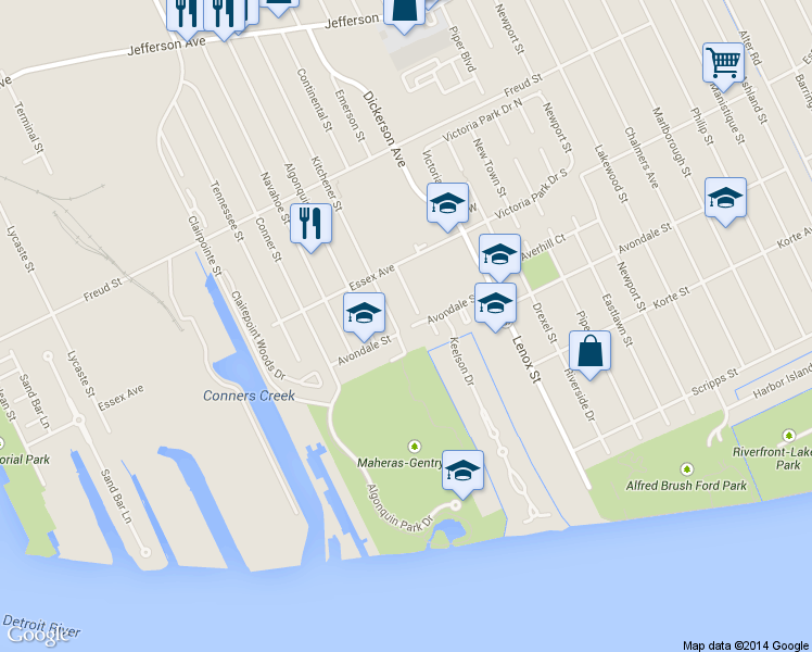 map of restaurants, bars, coffee shops, grocery stores, and more near 428 Kitchener Street in Detroit