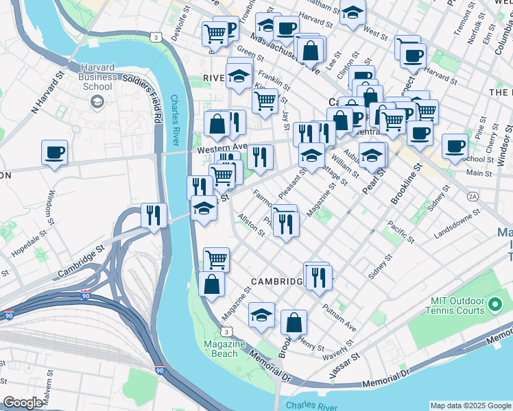 map of restaurants, bars, coffee shops, grocery stores, and more near 25 Andrew Street in Cambridge