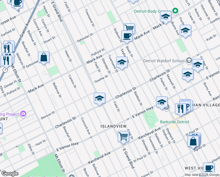 map of restaurants, bars, coffee shops, grocery stores, and more near 2973 Field Street in Detroit