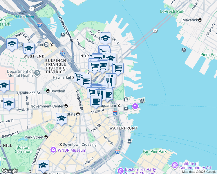 map of restaurants, bars, coffee shops, grocery stores, and more near 47 Fulton Street in Boston