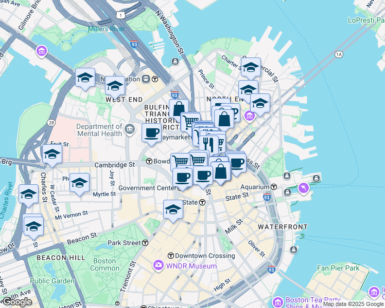map of restaurants, bars, coffee shops, grocery stores, and more near 15 Sudbury Street in Boston