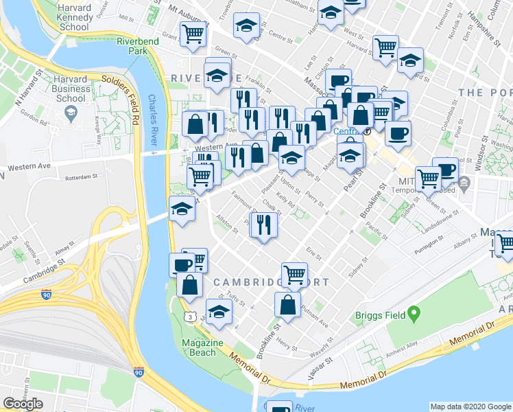 map of restaurants, bars, coffee shops, grocery stores, and more near 25 Fairmont Street in Cambridge