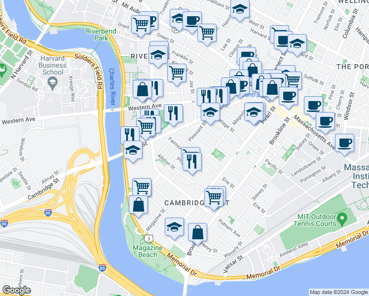 map of restaurants, bars, coffee shops, grocery stores, and more near 25 Fairmont Street in Cambridge
