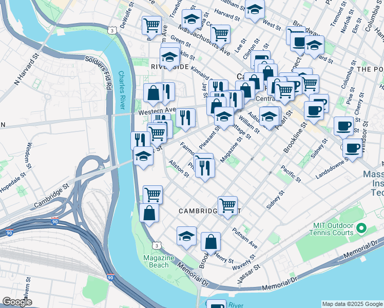 map of restaurants, bars, coffee shops, grocery stores, and more near 25 Fairmont Street in Cambridge