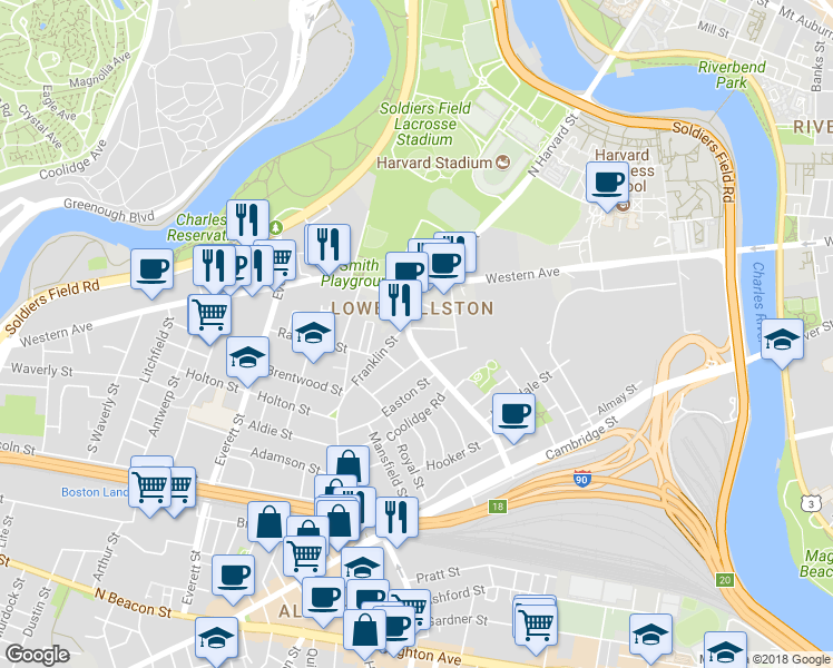 map of restaurants, bars, coffee shops, grocery stores, and more near 240 North Harvard Street in Boston