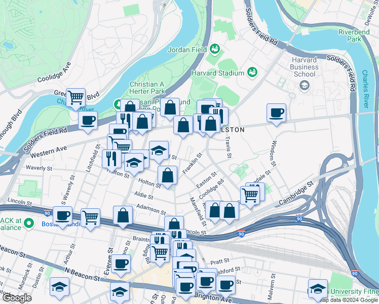 map of restaurants, bars, coffee shops, grocery stores, and more near 158-160 Franklin Street in Boston