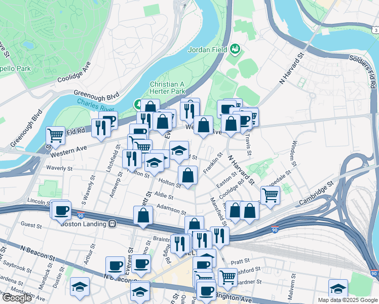 map of restaurants, bars, coffee shops, grocery stores, and more near 57 Riverdale Street in Boston