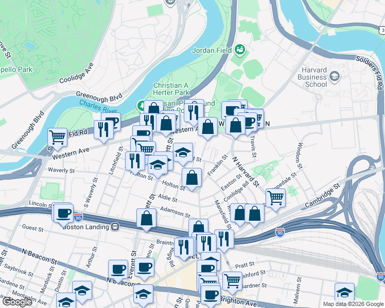 map of restaurants, bars, coffee shops, grocery stores, and more near 57 Riverdale Street in Boston