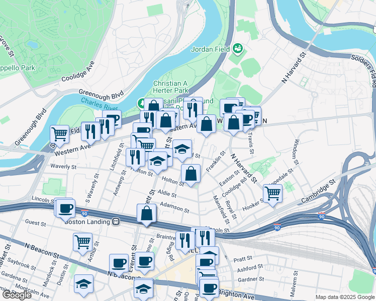 map of restaurants, bars, coffee shops, grocery stores, and more near 17 Raymond Street in Boston