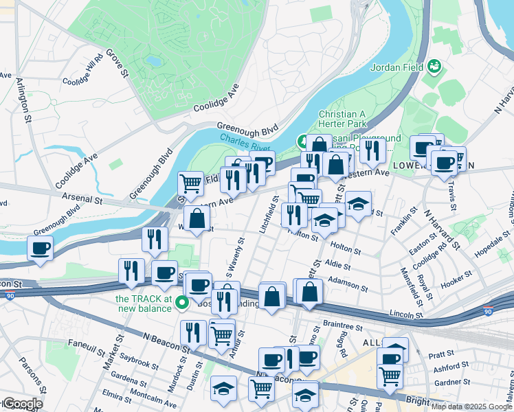 map of restaurants, bars, coffee shops, grocery stores, and more near 96 Litchfield Street in Boston