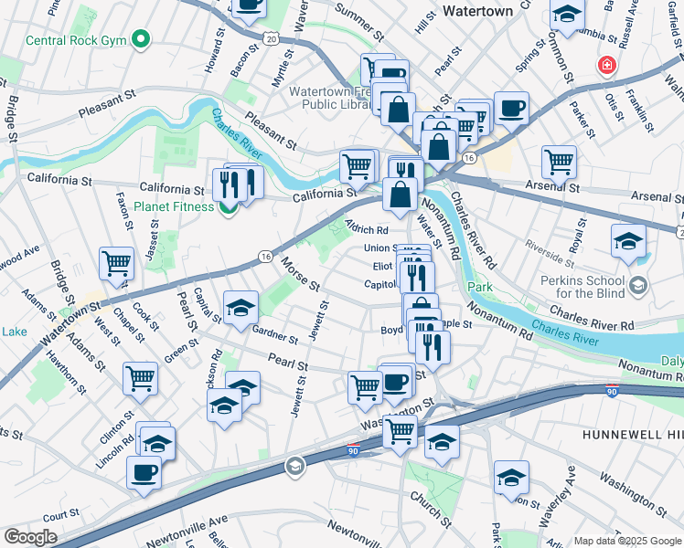map of restaurants, bars, coffee shops, grocery stores, and more near 62 Capitol Street in Watertown
