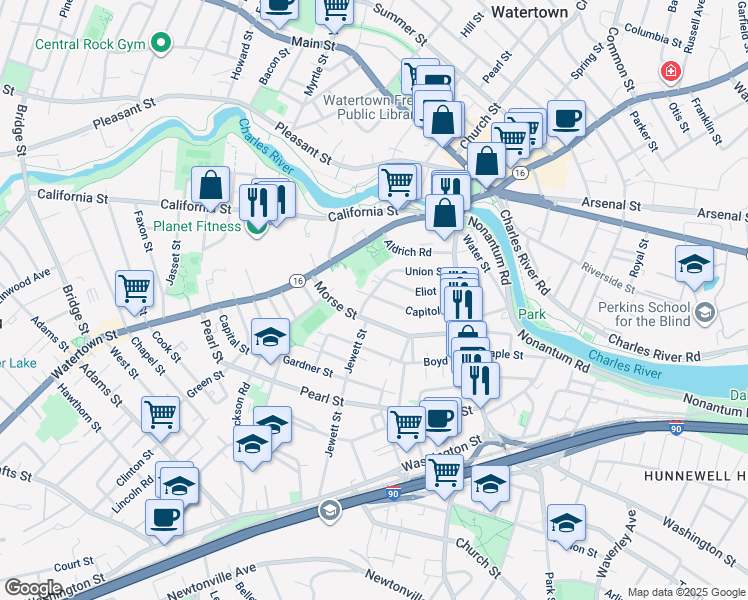 map of restaurants, bars, coffee shops, grocery stores, and more near 105 Union Street in Watertown