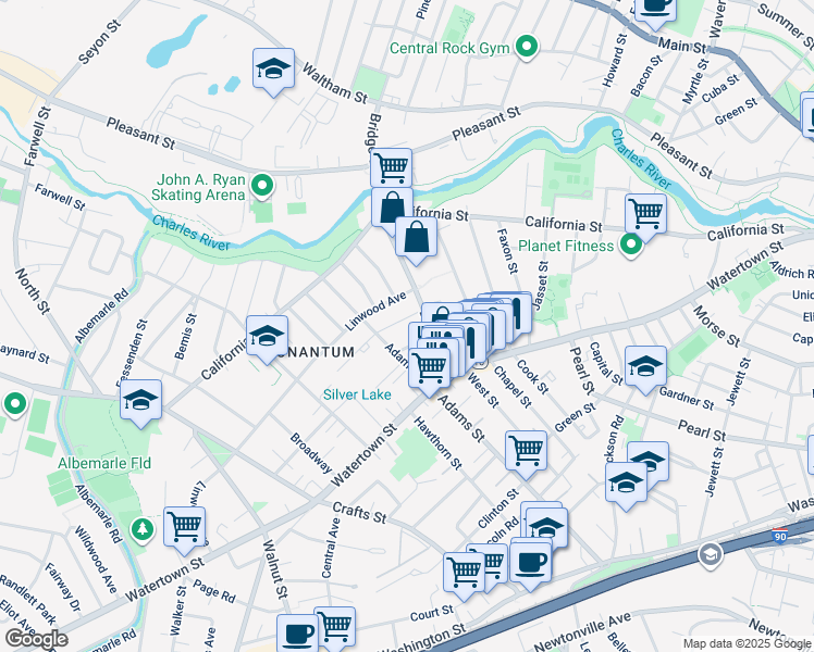 map of restaurants, bars, coffee shops, grocery stores, and more near 23 Chandler Street in Newton