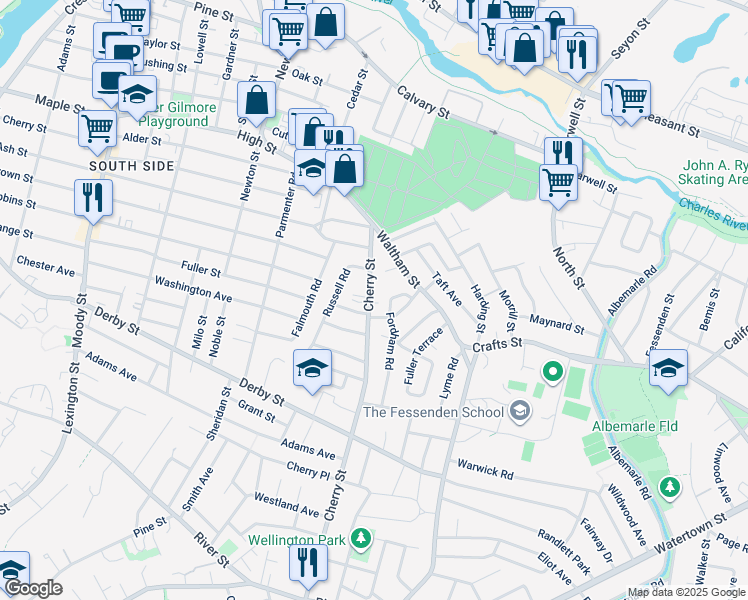 map of restaurants, bars, coffee shops, grocery stores, and more near 33 Fordham Road in Newton