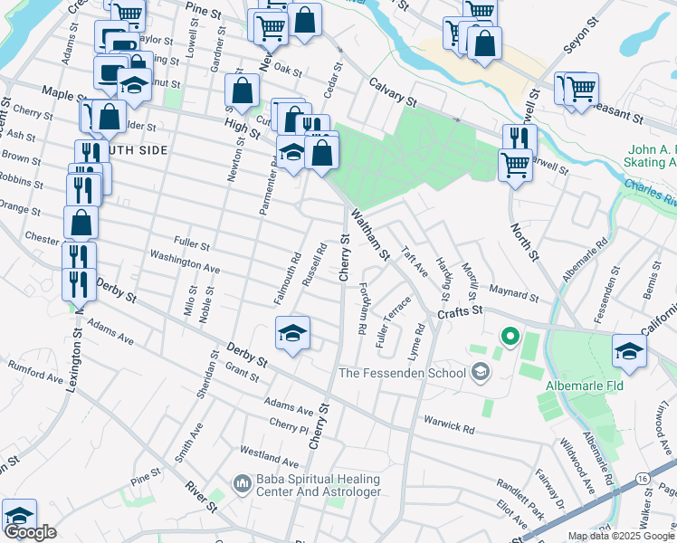 map of restaurants, bars, coffee shops, grocery stores, and more near 19 Sylvester Road in Newton