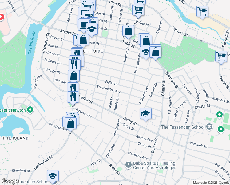 map of restaurants, bars, coffee shops, grocery stores, and more near 12 Milo Street in Newton