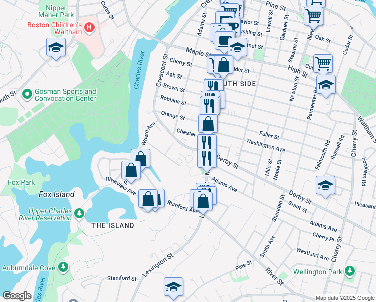 map of restaurants, bars, coffee shops, grocery stores, and more near 15 Norumbega Terrace in Waltham