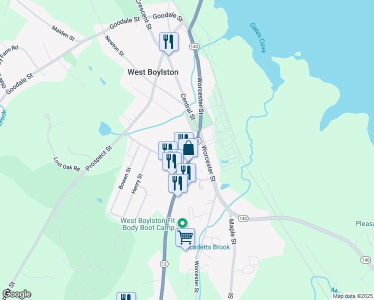 map of restaurants, bars, coffee shops, grocery stores, and more near 26 Massachusetts 12 in West Boylston