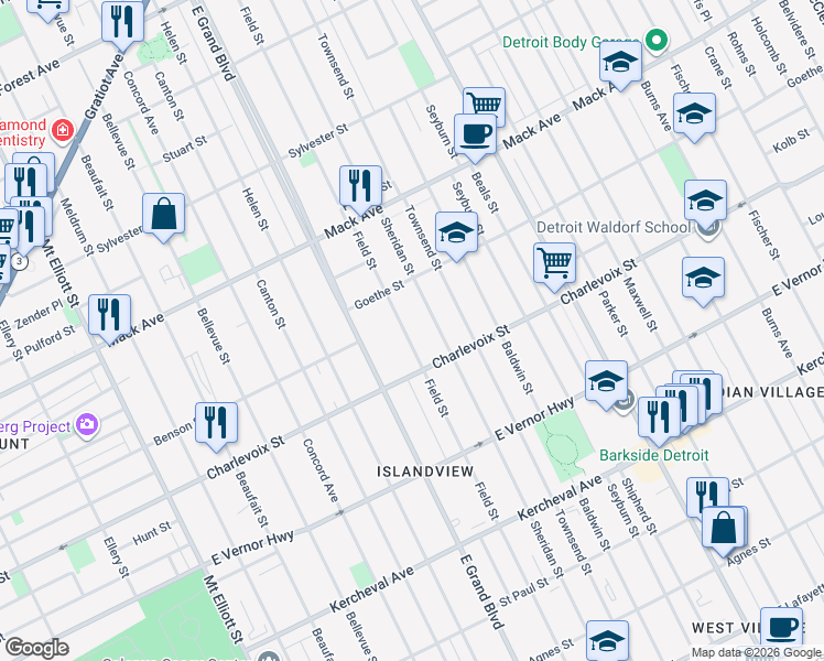map of restaurants, bars, coffee shops, grocery stores, and more near 2973 Field Street in Detroit