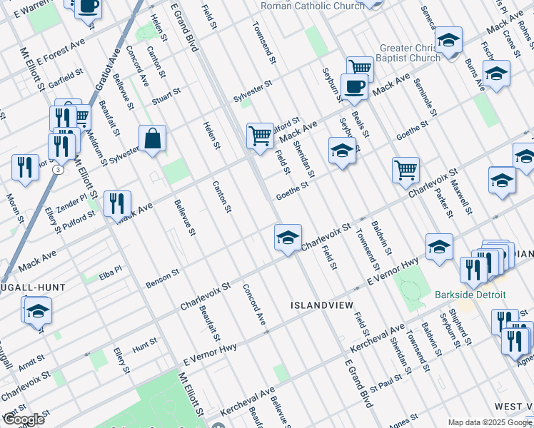 map of restaurants, bars, coffee shops, grocery stores, and more near 677 East Grand Boulevard in Detroit