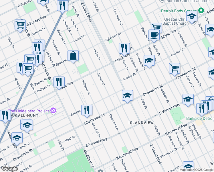 map of restaurants, bars, coffee shops, grocery stores, and more near 3177 Canton Street in Detroit