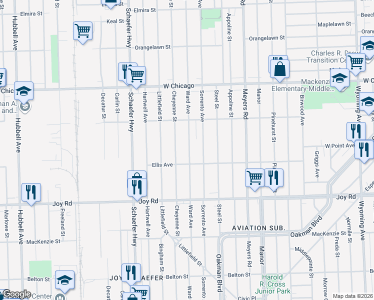 map of restaurants, bars, coffee shops, grocery stores, and more near 9140 Cheyenne Street in Detroit