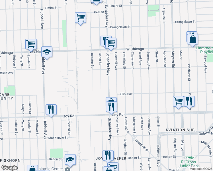 map of restaurants, bars, coffee shops, grocery stores, and more near 9161 Schaefer Highway in Detroit