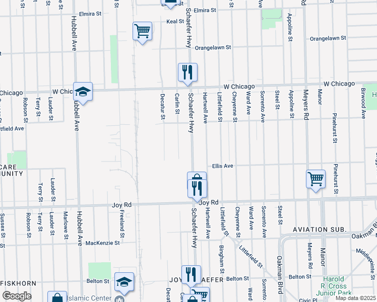 map of restaurants, bars, coffee shops, grocery stores, and more near 9161 Schaefer Highway in Detroit