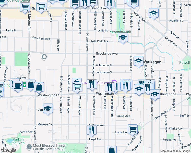 map of restaurants, bars, coffee shops, grocery stores, and more near 104 North Elmwood Avenue in Waukegan