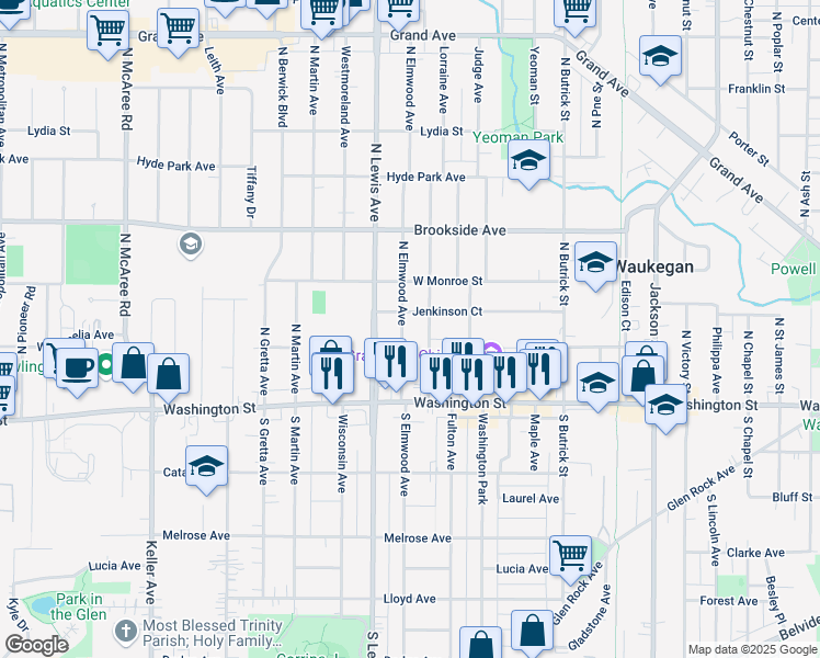 map of restaurants, bars, coffee shops, grocery stores, and more near 104 North Elmwood Avenue in Waukegan