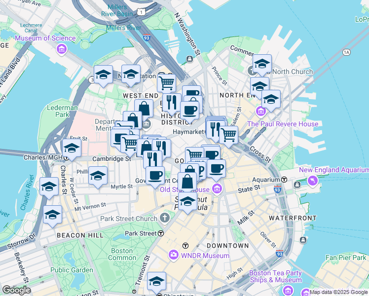 map of restaurants, bars, coffee shops, grocery stores, and more near 40 Sudbury Street in Boston