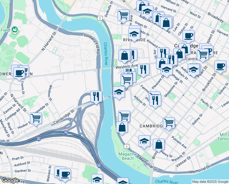 map of restaurants, bars, coffee shops, grocery stores, and more near 393 River Street in Cambridge