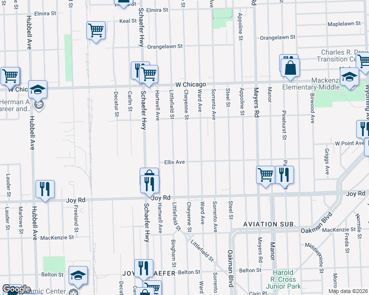 map of restaurants, bars, coffee shops, grocery stores, and more near 9140 Cheyenne Street in Detroit