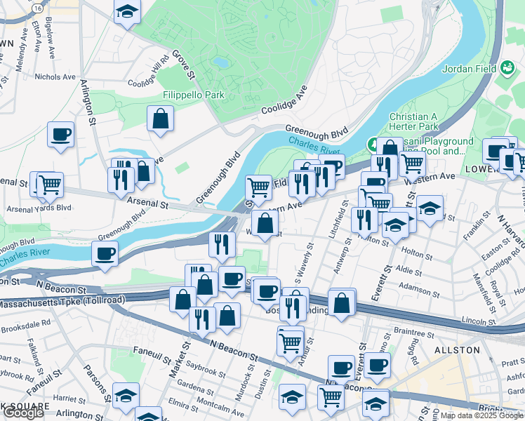 map of restaurants, bars, coffee shops, grocery stores, and more near 516-522 Western Avenue in Boston