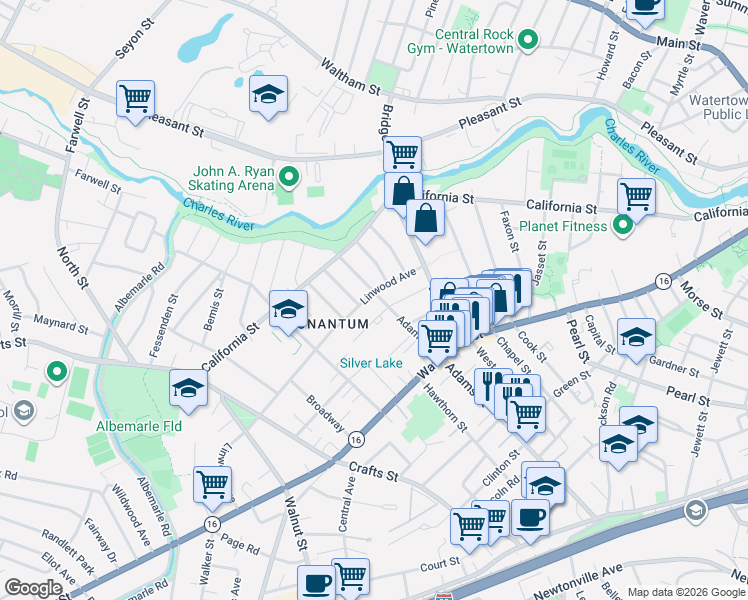 map of restaurants, bars, coffee shops, grocery stores, and more near 57 Adams Street in Newton