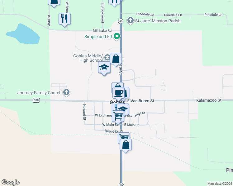 map of restaurants, bars, coffee shops, grocery stores, and more near in Gobles