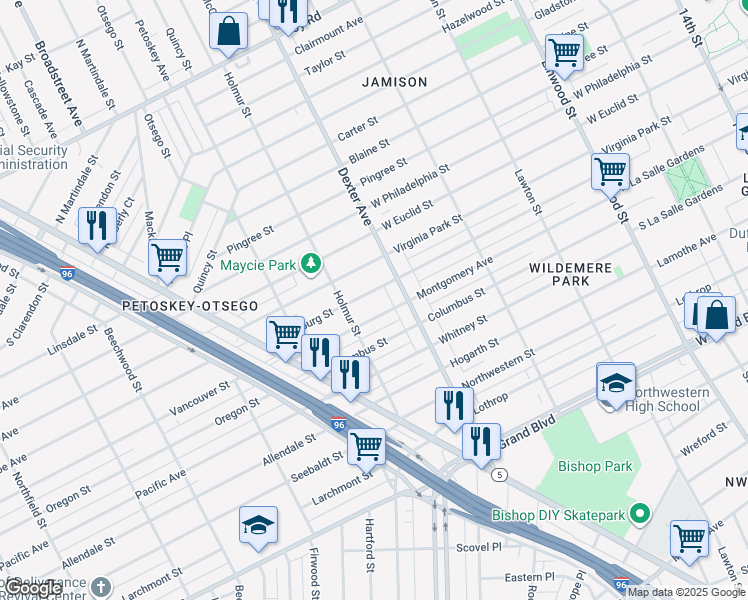 map of restaurants, bars, coffee shops, grocery stores, and more near 3778 Montgomery Avenue in Detroit