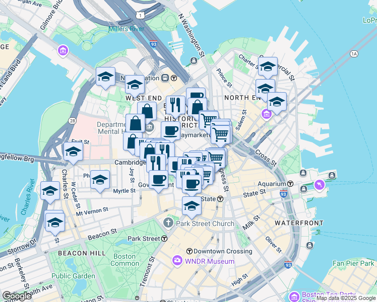 map of restaurants, bars, coffee shops, grocery stores, and more near 40 Sudbury Street in Boston