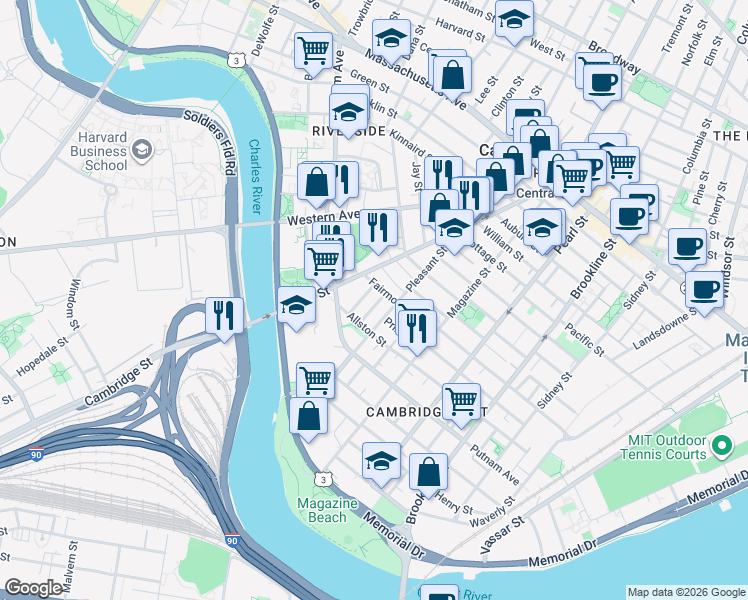 map of restaurants, bars, coffee shops, grocery stores, and more near 25 Andrew Street in Cambridge