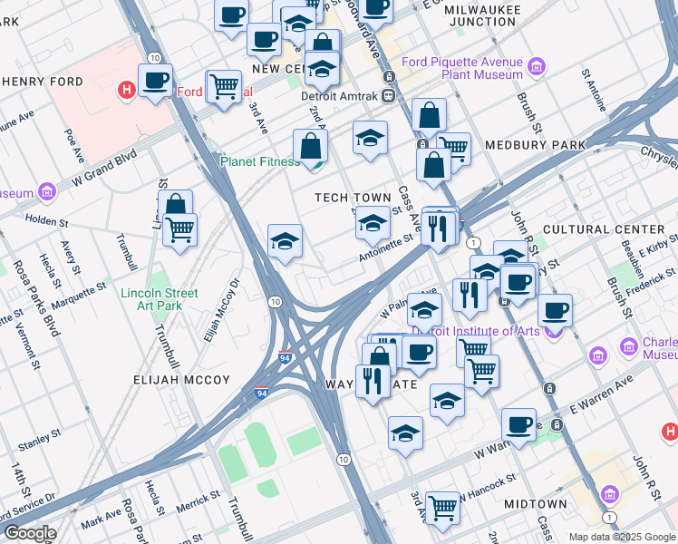 map of restaurants, bars, coffee shops, grocery stores, and more near 691 Antoinette Street in Detroit