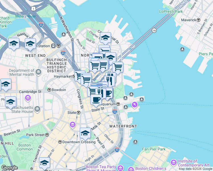map of restaurants, bars, coffee shops, grocery stores, and more near 75 Fulton Street in Boston