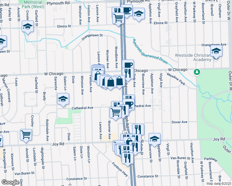 map of restaurants, bars, coffee shops, grocery stores, and more near 9369 Telegraph Road in Redford Charter Township