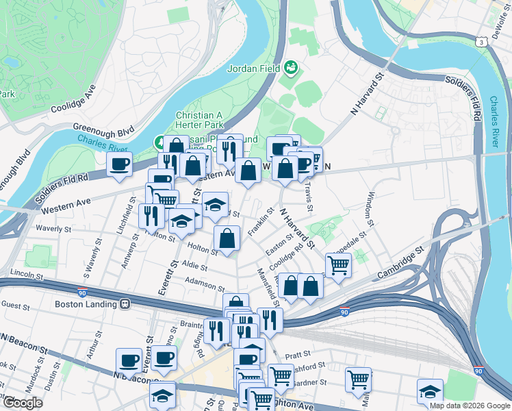 map of restaurants, bars, coffee shops, grocery stores, and more near 158-160 Franklin Street in Boston