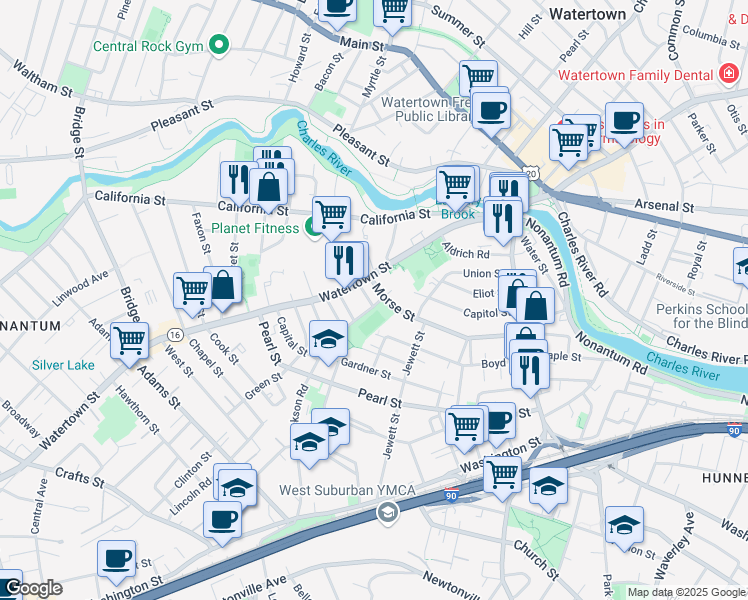 map of restaurants, bars, coffee shops, grocery stores, and more near 38 Derby Road in Watertown