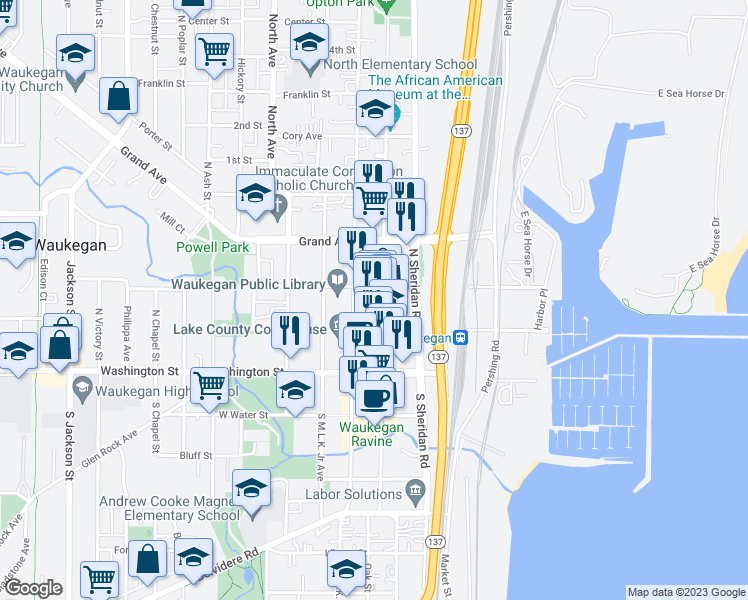 map of restaurants, bars, coffee shops, grocery stores, and more near 113 North Genesee Street in Waukegan