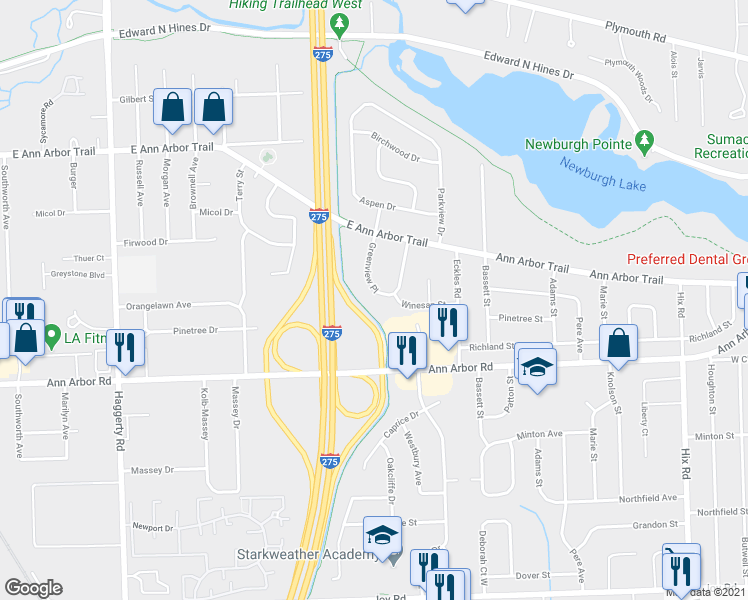map of restaurants, bars, coffee shops, grocery stores, and more near 39571 Greenview Place in Plymouth