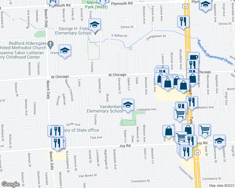 map of restaurants, bars, coffee shops, grocery stores, and more near 9217 Sarasota in Redford Charter Township