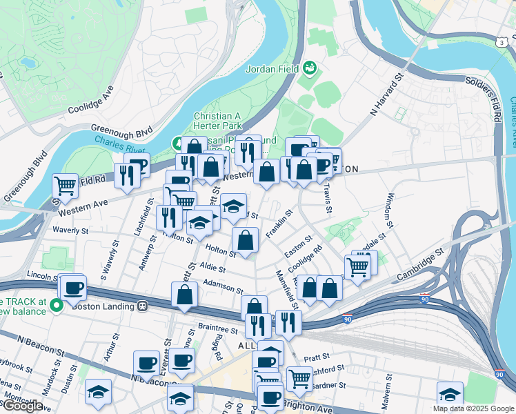 map of restaurants, bars, coffee shops, grocery stores, and more near 57 Riverdale Street in Boston